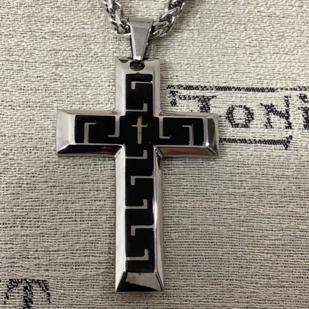XMAS Greek Key Cross black & silver stainless steel. Elegant!